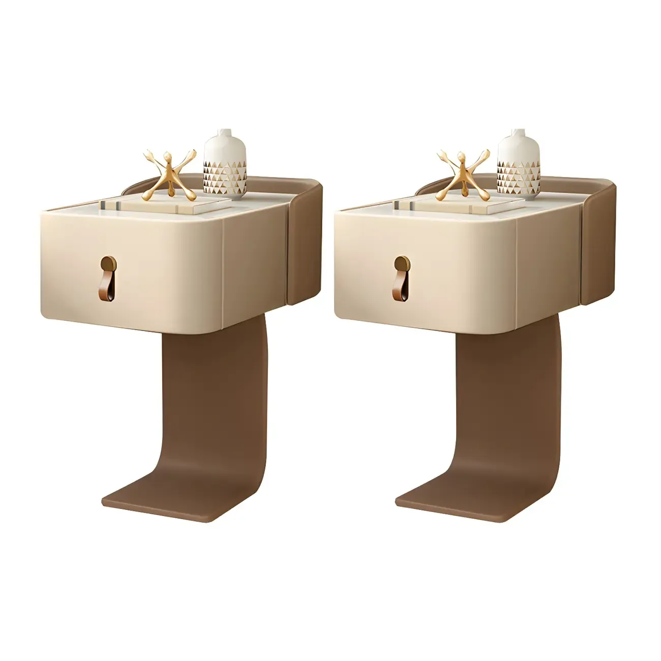 Khaki Stone Top Wood C-Shaped Nightstand with Drawer