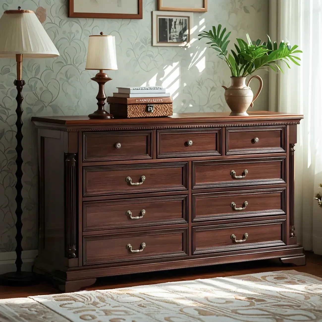 Vintage Brown Walnut Wooden Double Dresser with 9-Drawers