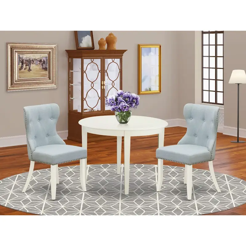 East West Furniture Dining Table Set- a Kitchen Table and Baby Blue Linen Fabric Parson Chairs, Linen White(Pieces Options)
