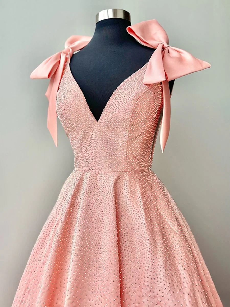 Blush - V Neck Satin A Line Beaded Homecoming Dress With Bow