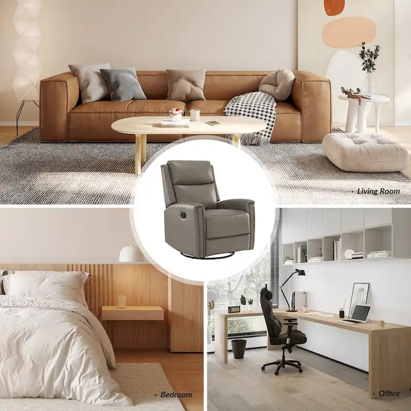 Fiacro 30.31Wide Modern Genuine Leather Wingback Swivel Rocker Recliner with Nailhead Trims