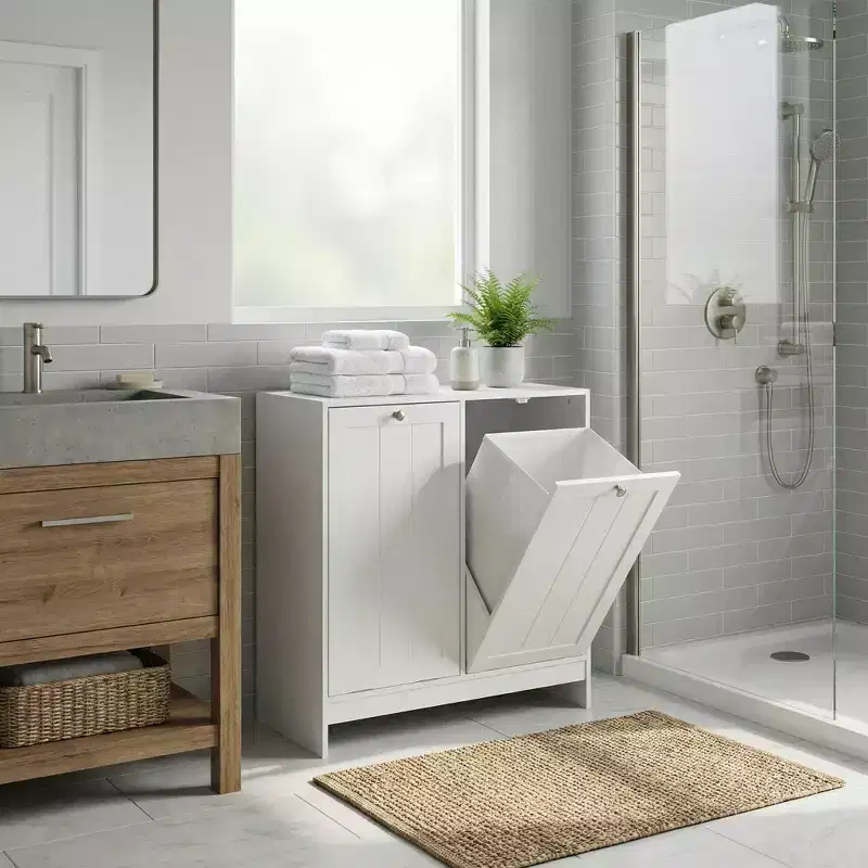 FurnitureR Slim Laundry Hamper Cabinet with Tilt-Out Basket and Storage Door, Narrow Bathroom Organizer with Removable Basket in White MDF