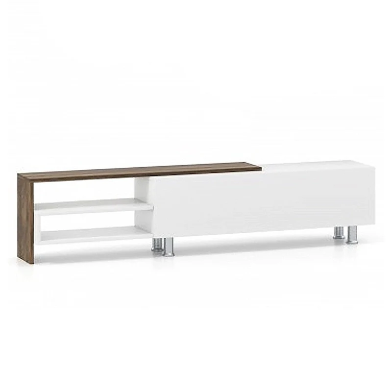White & Walnut Modern TV Stand with Cabinet & 2 Floating Shelves, Fits up to 80 Inch TV, 73 Inch, 1-Person