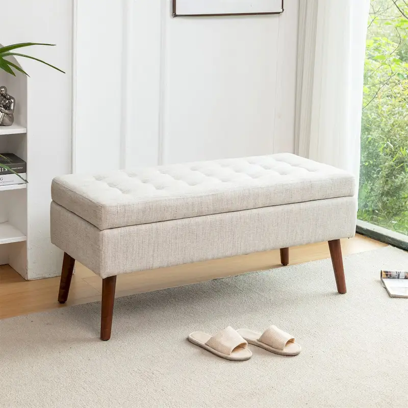 Beige Linen Storage Bench - Upholstered Entryway Seat
