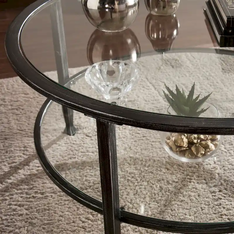 Glenn Distressed Black Metal Round Coffee Table with Glass Top and Shelf