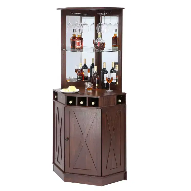 VEVOR Corner Industrial Bar Cabinet, Wine Table for Liquor & Glasses, Sideboard Buffet Cabinet with Glass Holder, Black Walnut