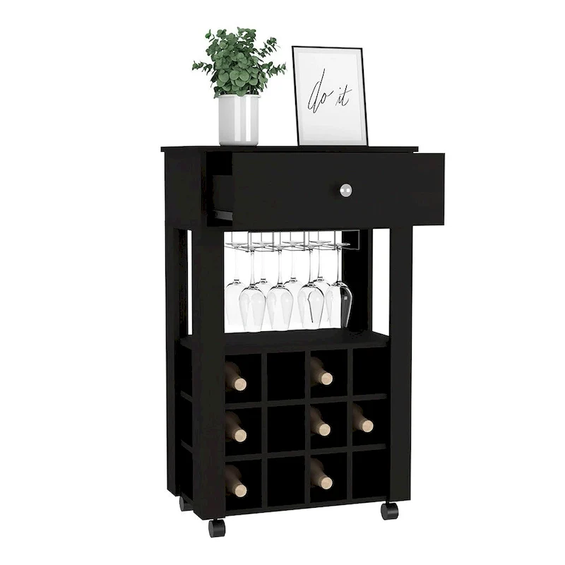 Bar Cart , Twelve Wine Cubbies, Four Legs, Black Wengue Finish