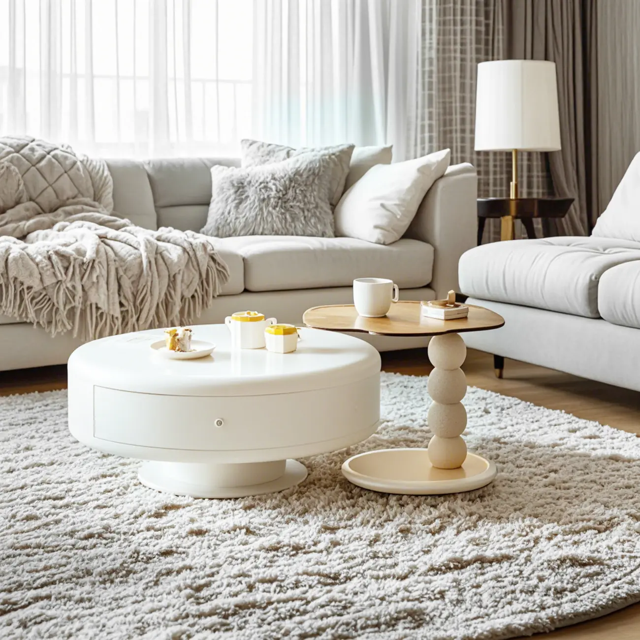 Modern White Round Wood Coffee Table with Drawer