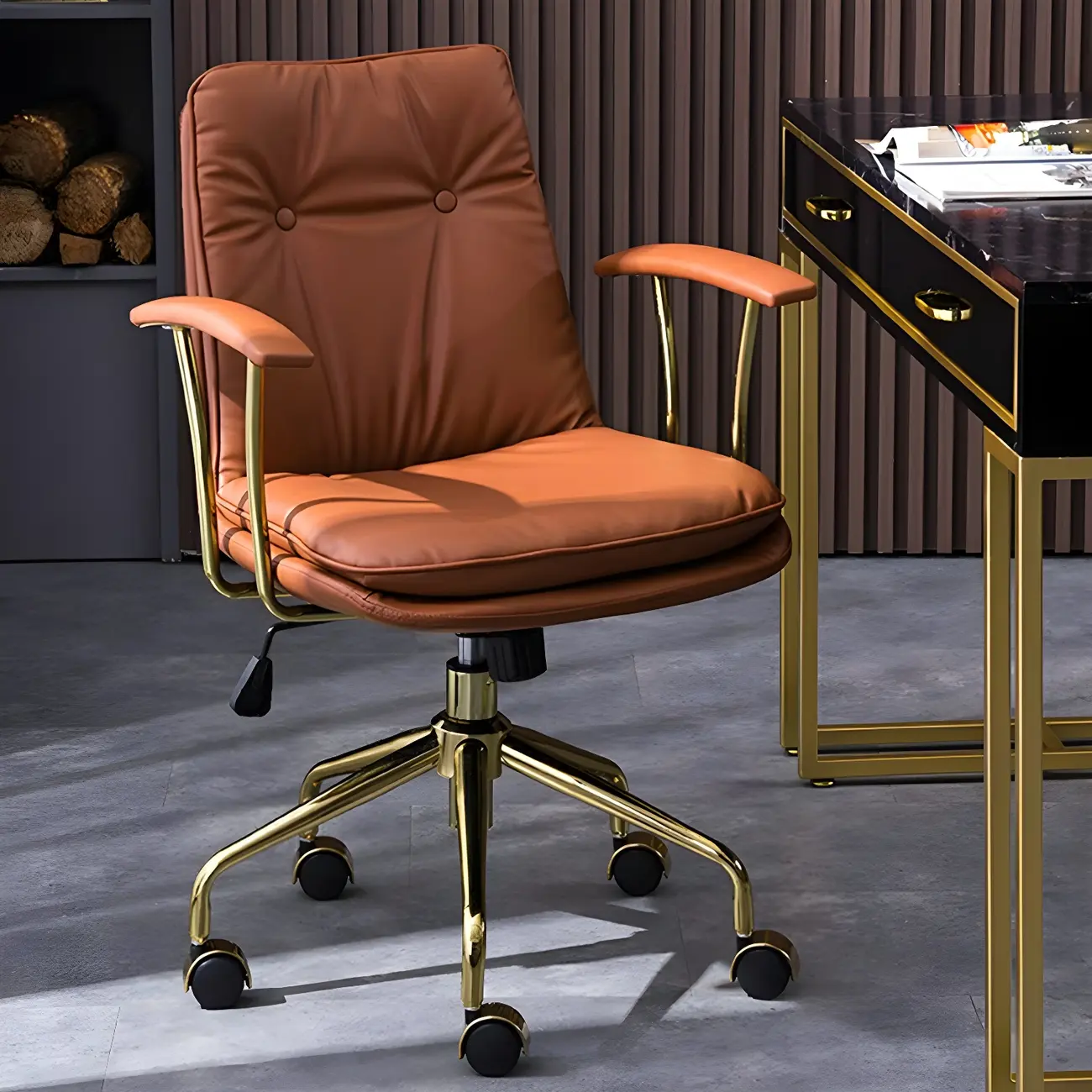 Gold Base Tufted Leather Adjustable Office Chair