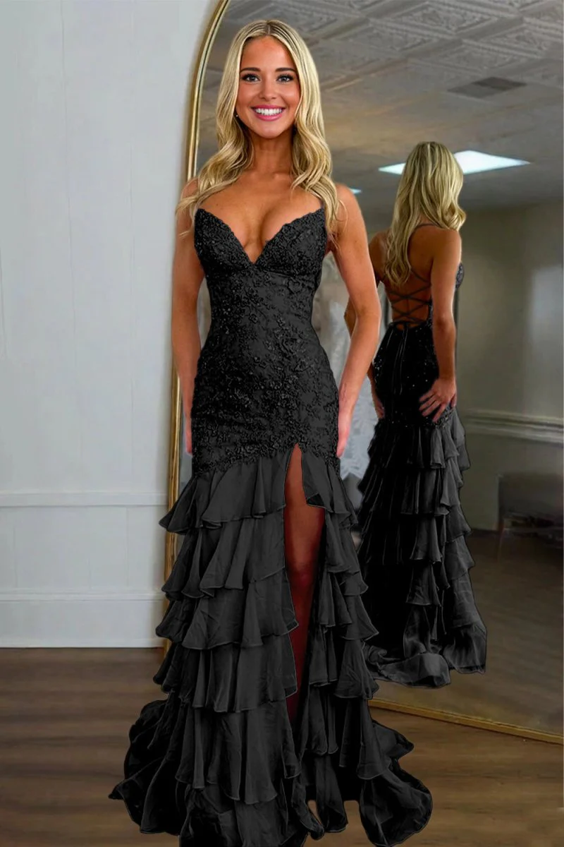 Black - Spaghetti Straps Mermaid Lace Appliqued Prom Dresses With Ruffles
