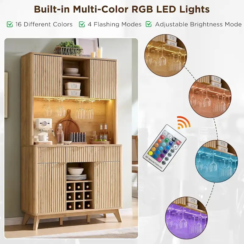 72 Wine Bar Cabinet, Modern Wood Coffee Bar Cabinet with LED Lights - N/A