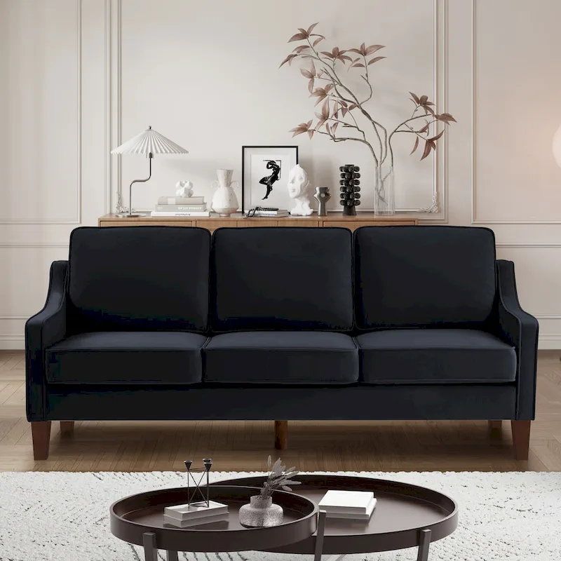 3-Seat Sofa with Scooped Armrest & Wood Legs – Navy / Black / Taupe, Velvet, Seats 3
