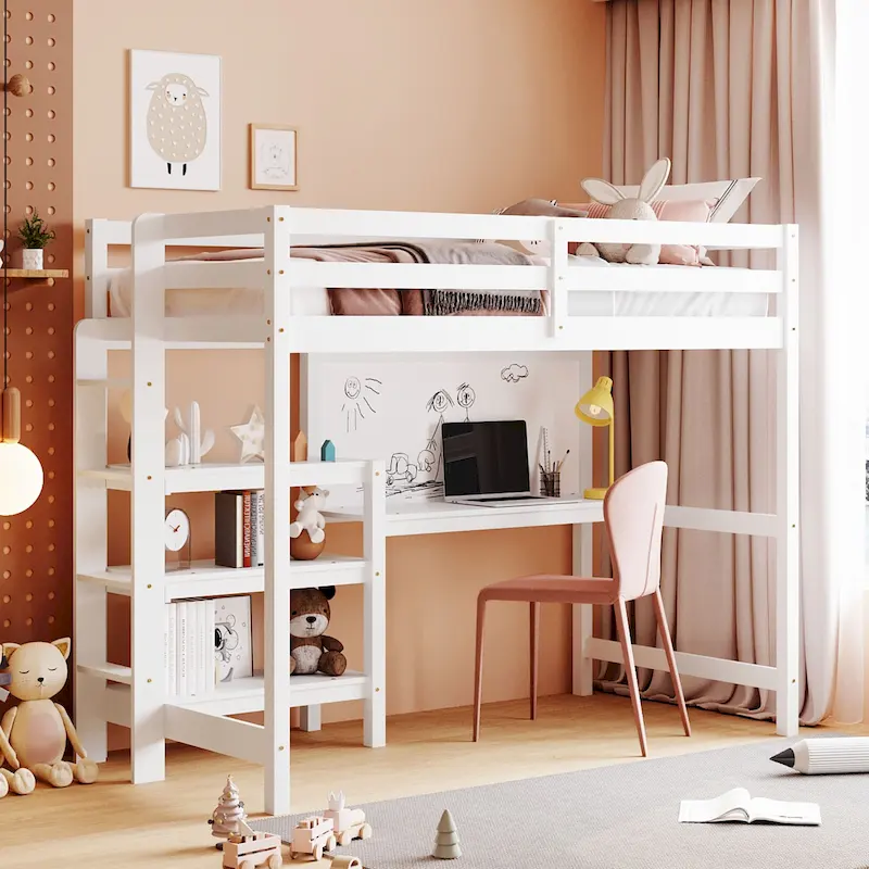 Wooden Loft Bed with Shelves and Desk