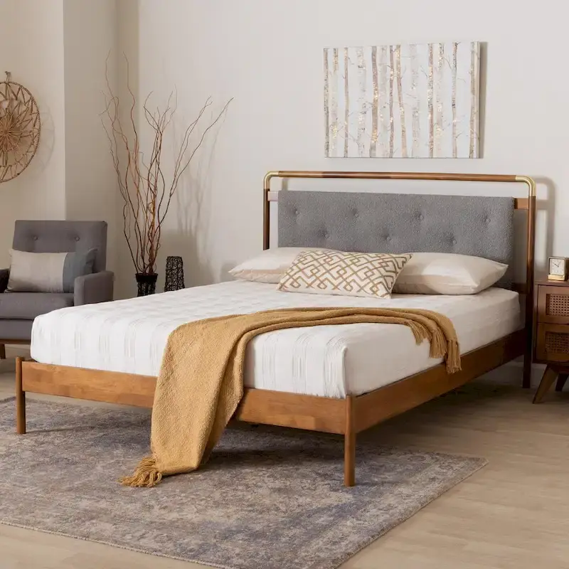 Mid-Century Light Grey Boucle Fabric and Walnut Brown Wood Queen Size Platform Bed