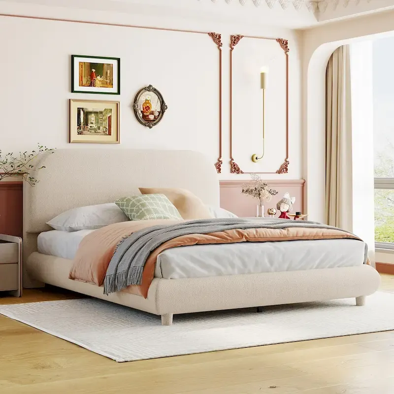 Grey / Beige Full Size Upholstered Platform Bed, Teddy Fleece, Fits 2