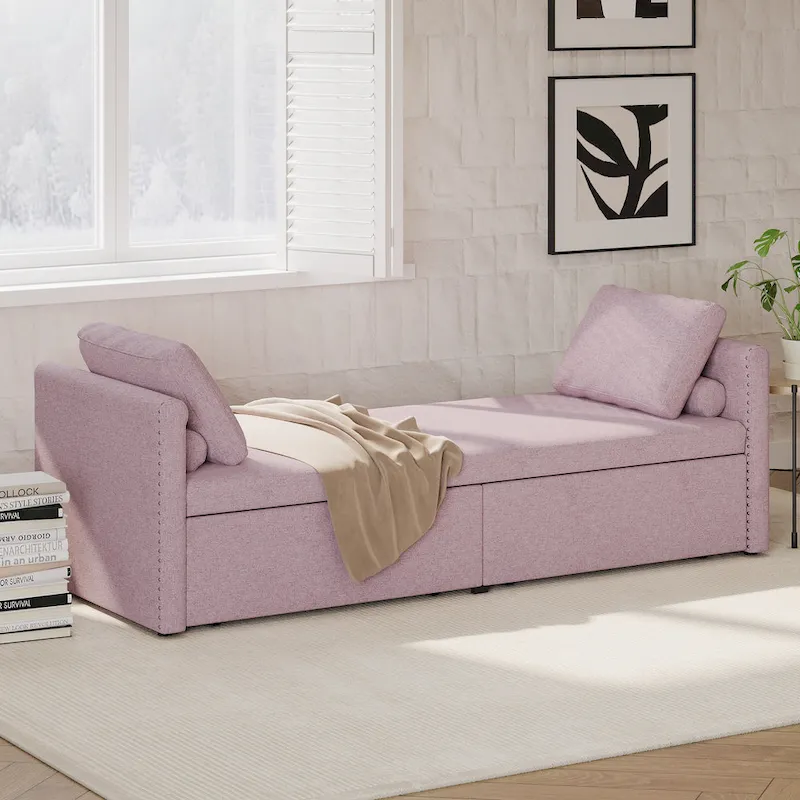 Roomfitters Upholstered Chaise Daybed with 2 Drawers and Pillows, Compact Lounger for Living Room, Linen Fabric