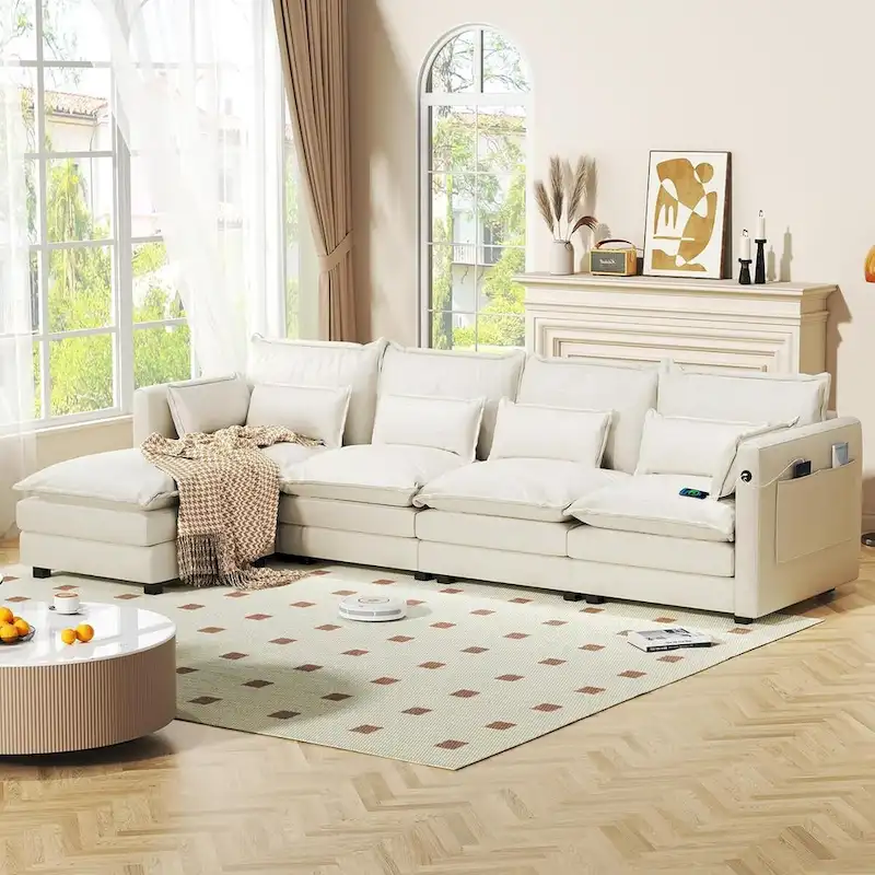 Modular Sectional Sofa L Shaped Couch, 3/4 Seat Sofa Set with Ottoman, Chenille Fabric