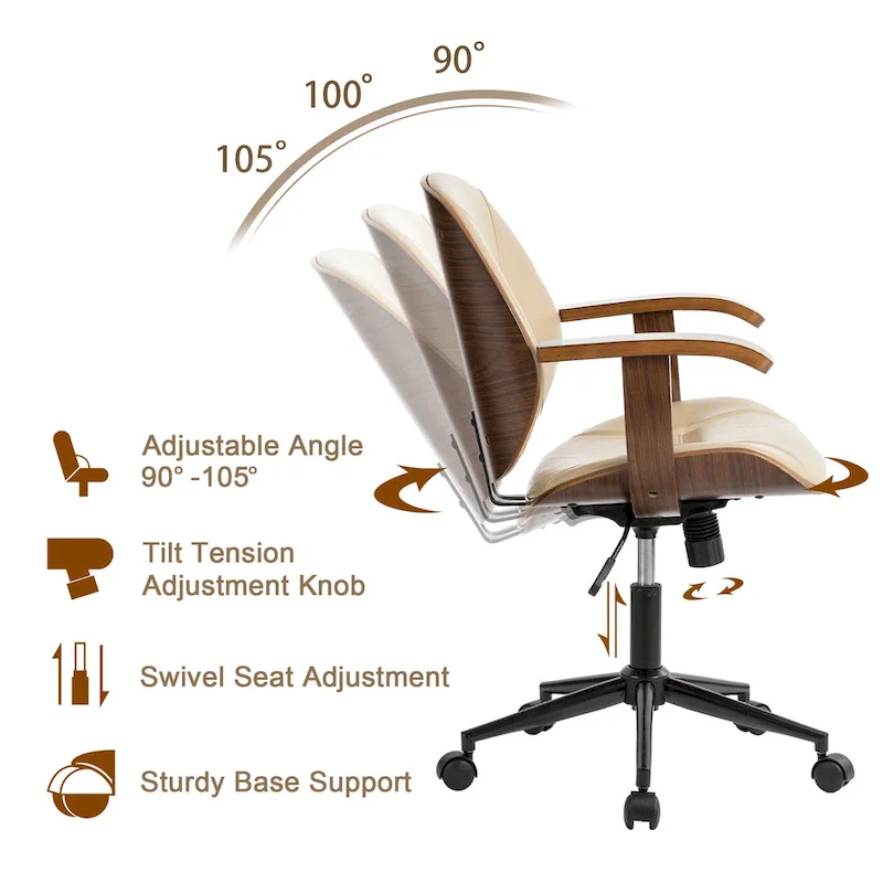 PU Leather Swivel Office Chair with Bamboo Armrests – Cocoa / Brown / Black, Mid-Back, Single User