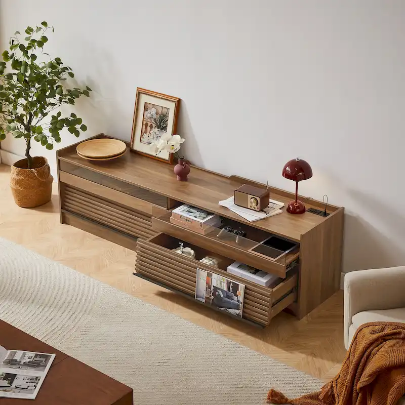 TV Stand with 4 Drawers, Charging Ports & LED Lighting – Walnut / Espresso / Black, Modern Style