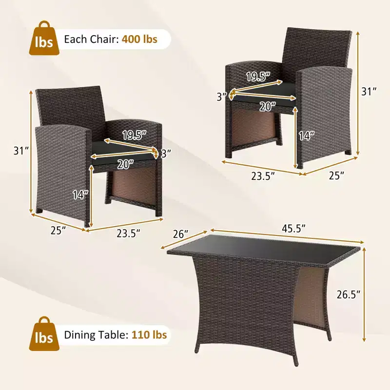Costway 3 PCS Wicker Bistro Set Balcony Furniture Set with Tempered Glass Dining Table