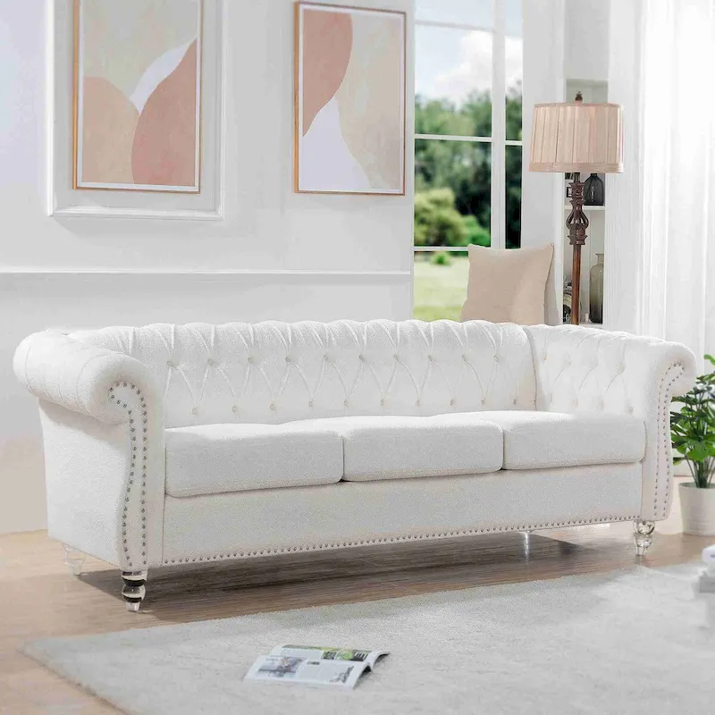 White Chesterfield-Style Rolled Arm 3-Seater Sofa with Silver Stud Trim - Fits 3 People