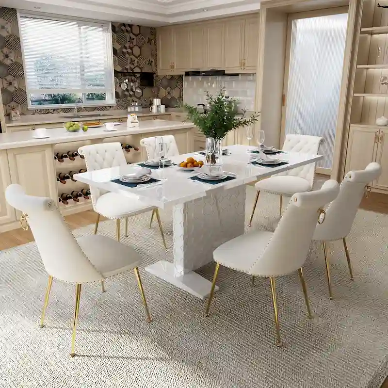 7-Piece Clihome High-gloss Extendable Table Velvet Chair Dining Set