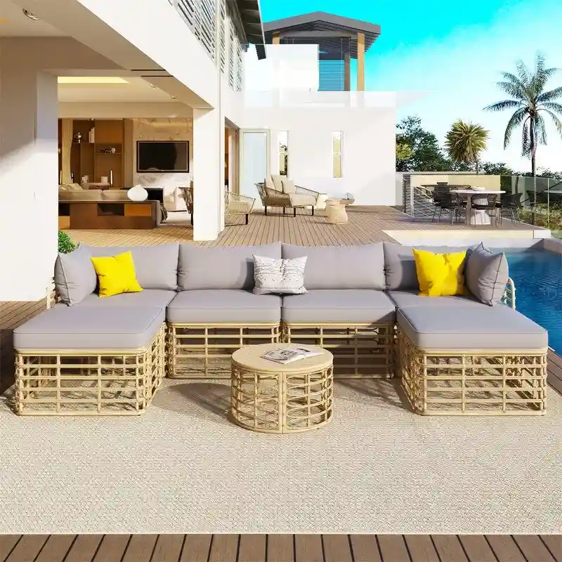 7 Pieces Outdoor Patio Furniture Set with Coffee Table, All-Weather Rattan Sectional Sofa Set with Thick Cushions and Pillows