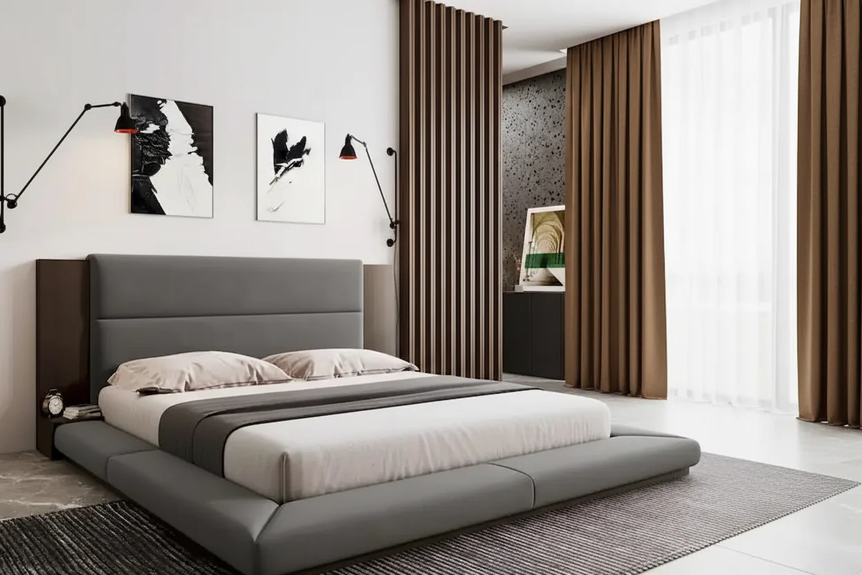 King Gray Floor Upholstered Bed Low Profile Platform Bed w/ Extended Wood Headboard, Built-in Nightstand Shelves