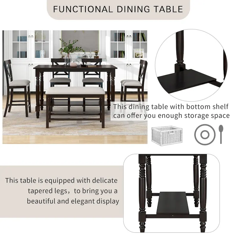 Nestfair 6-Piece Counter Height Dining Table Set with Chairs and Bench