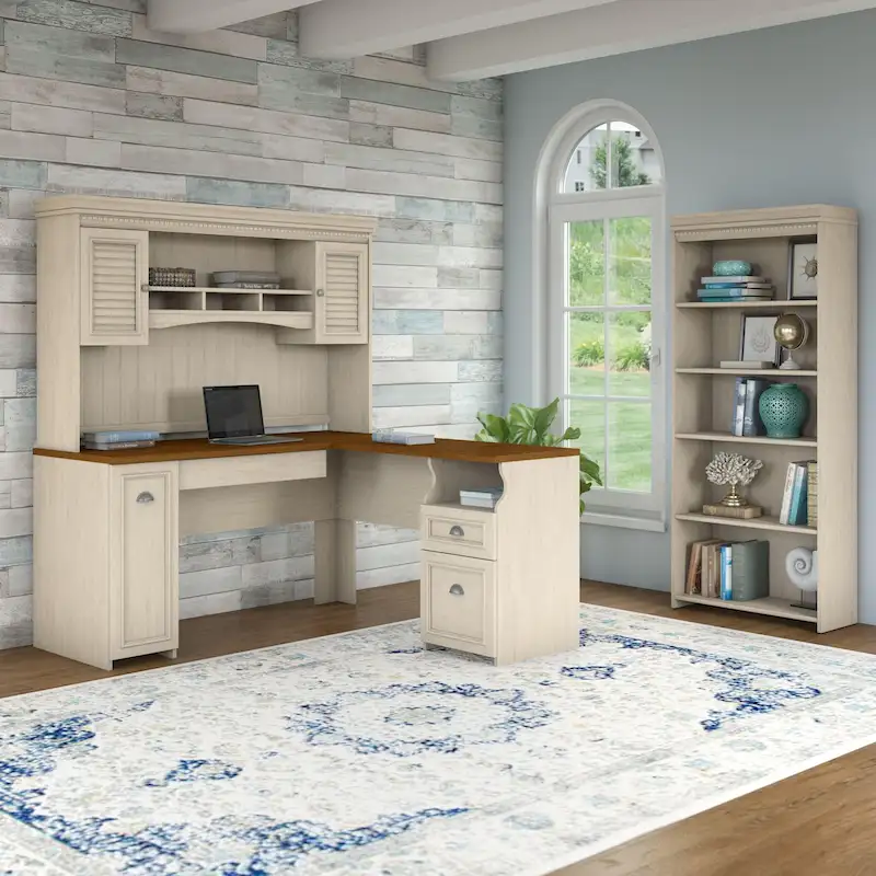 Fairview 60W L Shaped Desk with Hutch and Bookcase by