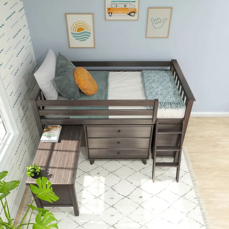 Twin-Size Low Loft with Pull-Out Desk and 3-Drawer Dressers