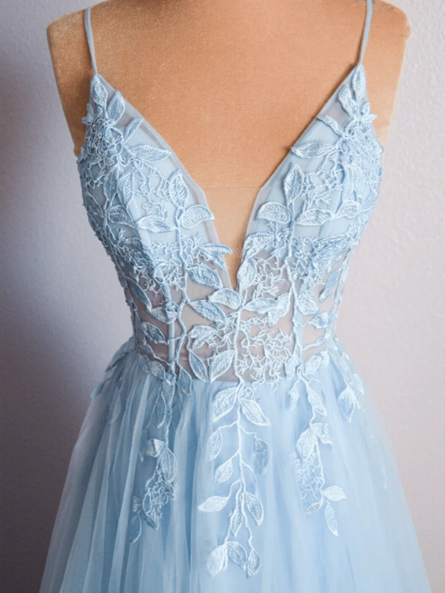 Light Blue V Neck Lace-Up Appliques Tulle Long Prom Dress
