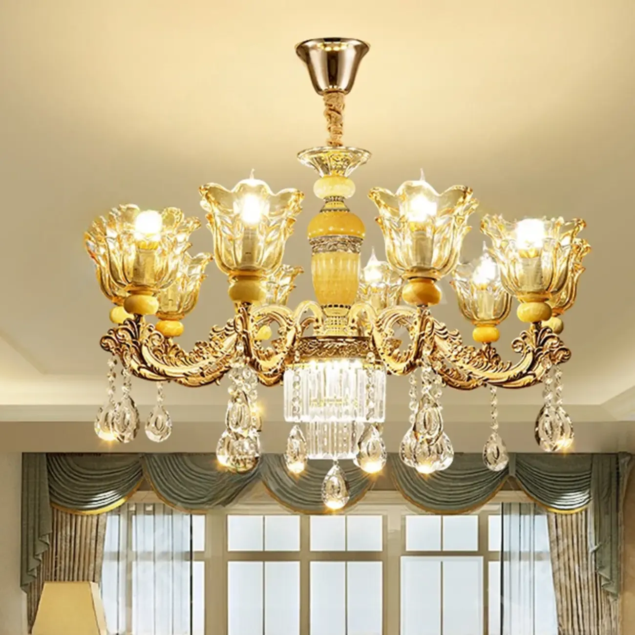 Adjustable Luxury Gold Flower Shape Clear Glass Chandelier