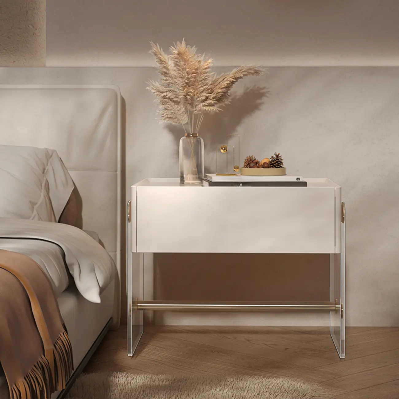 Modish White Acrylic 1-Drawer Nightstand with Shelf