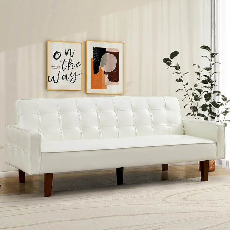 Faux Leather Futon Sofa Bed Sleeper Couch, Mid Century Button Tufted Upholstered Convertible Sofa Bed with Wooden Legs