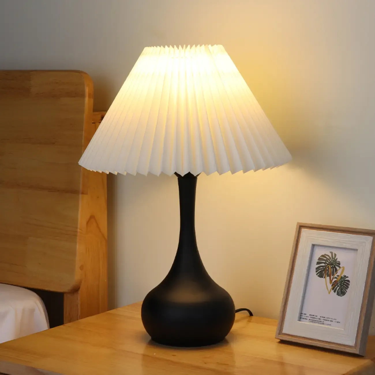 Modern Simple Black LED Table Lamp in Pleated Fabric Shade