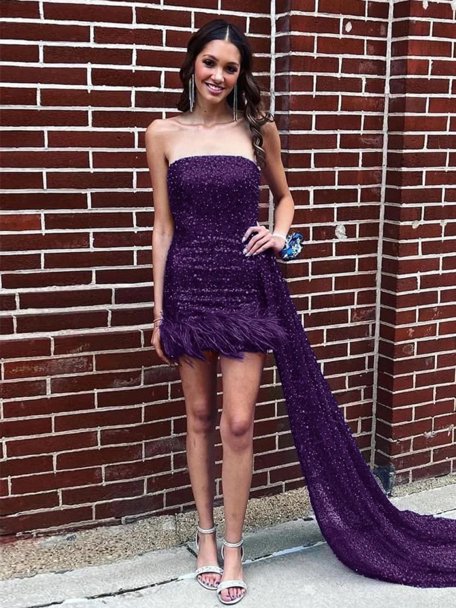 Purple - Strapless Bodycon Sequins Homecoming Dresses With Feather