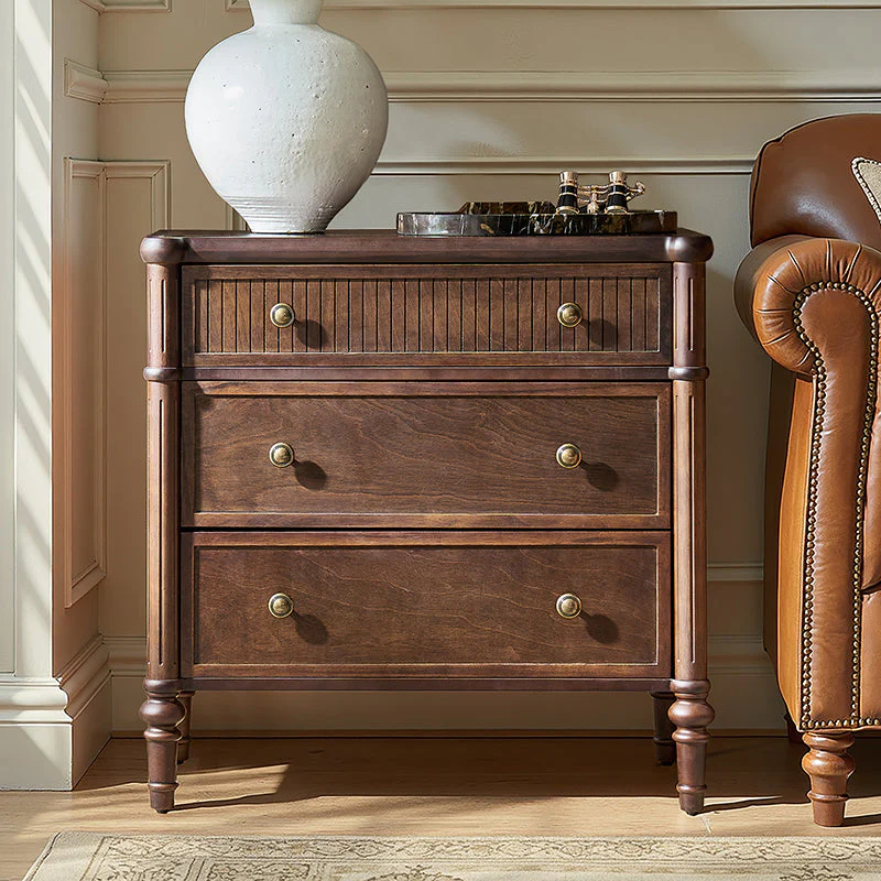 Fluted Drawer Nightstand & End Table with Built-in USB/Type-C Outlets & Spindle Solid Wood Legs | Walnut / Black / Brown | 1-Drawer or 3-Drawer