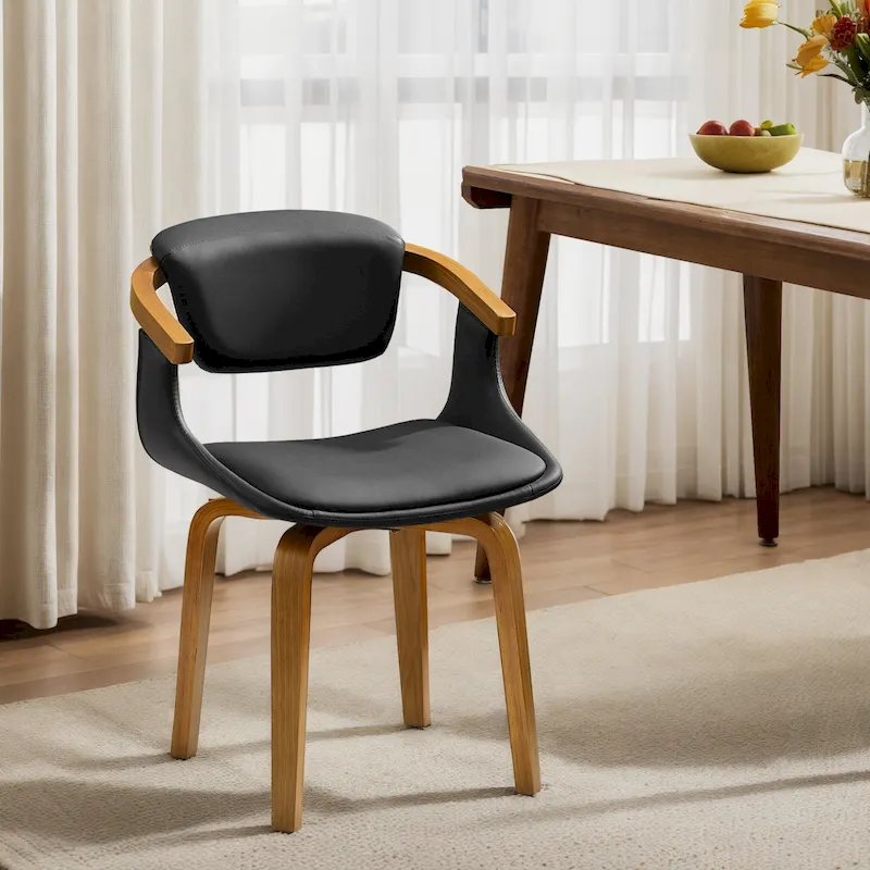 Mid-Century Modern 360° Swivel Dining Chair with Curved Back & Recessed Arms – Faux Leather / Fabric, 8 Colors, Single