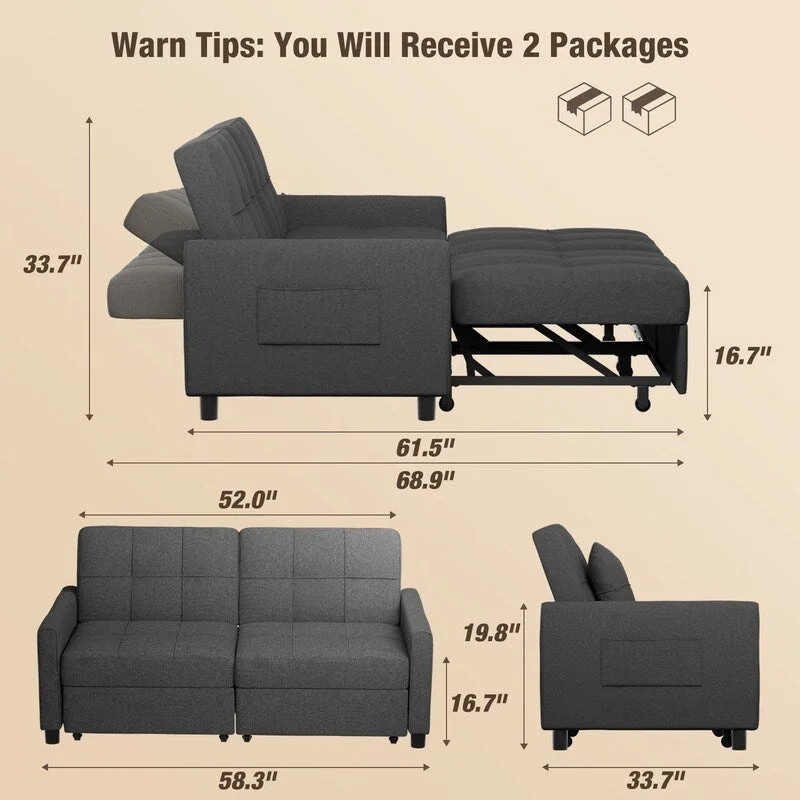 3-in-1 Convertible Sleeper Sofa Loveseat with Pullout Bed and Adjustable Backrest
