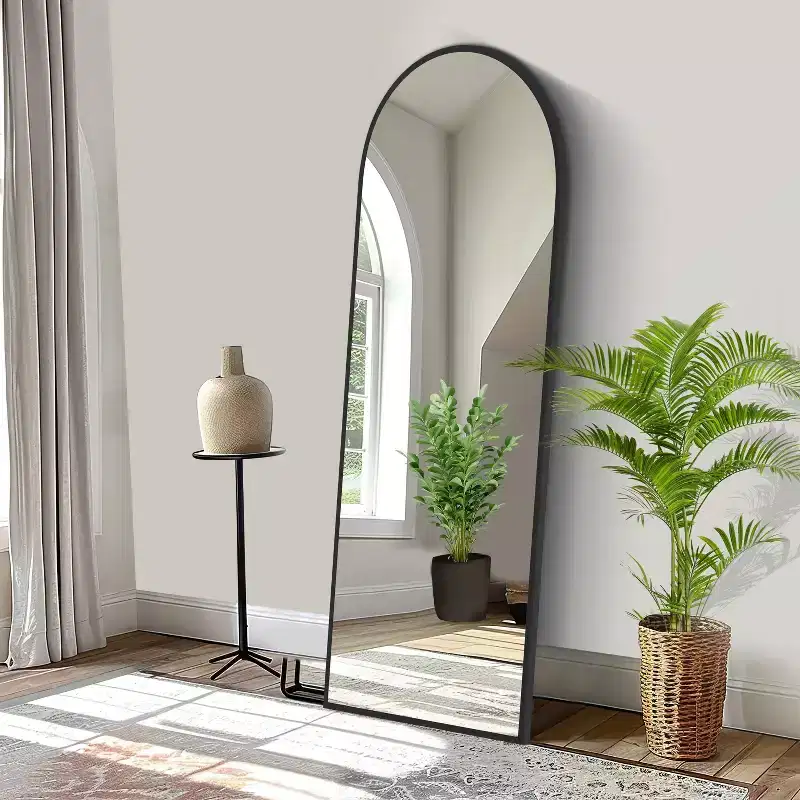 PexFix 64x21 Aluminum Alloy Thin Frame Right Angle Arched Full Length HD Glass Floor Mirror Modern Decor for Bedroom Living Room Entryway Black
