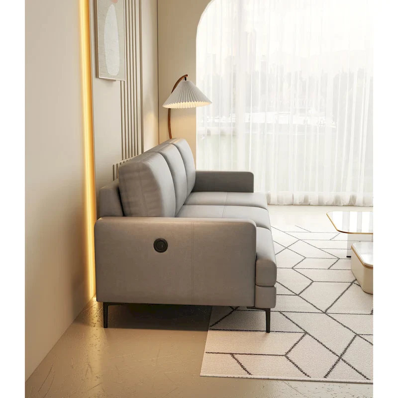 Gray / Brown Modern 3-Seater Leather Sofa with USB Charging & Metal Legs