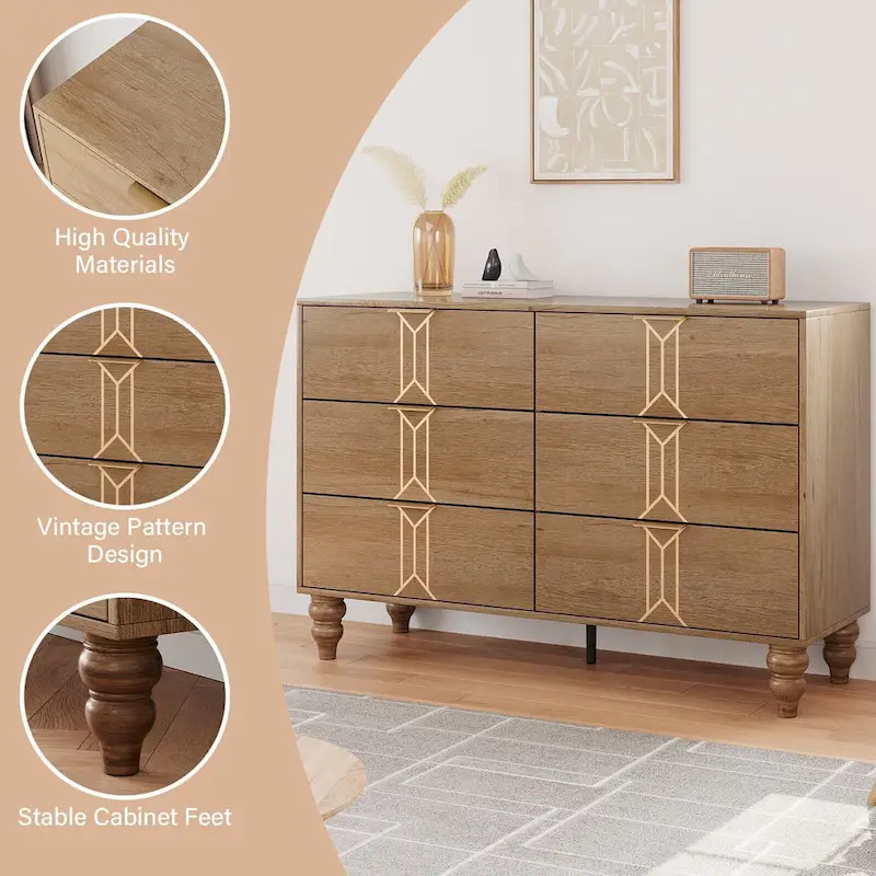 6-Drawer Dresser with Wood Legs – Oak & Gold / Black & White, Vintage Style