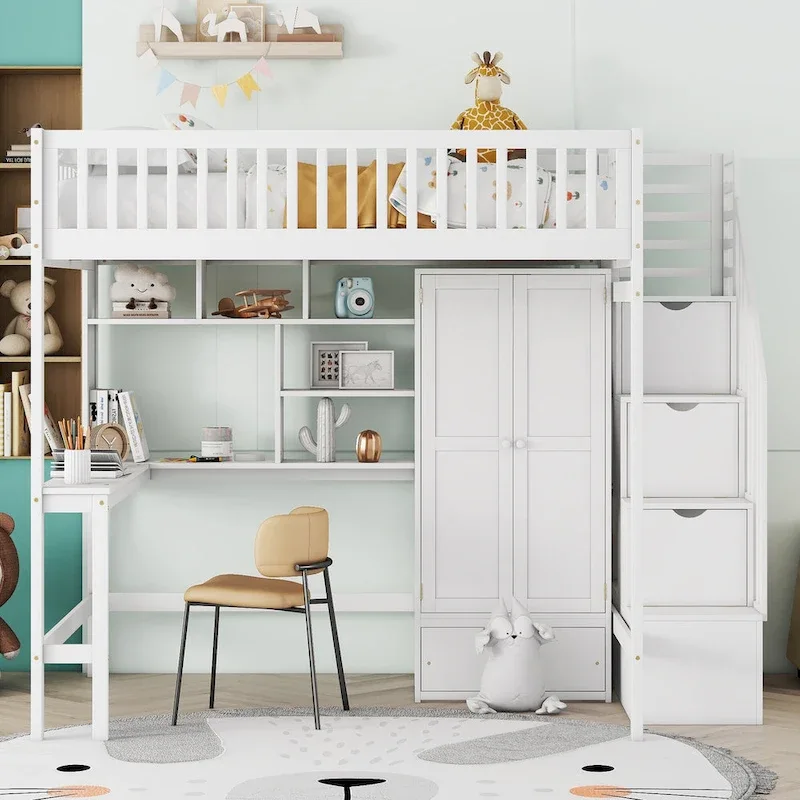 Black / Grey / White Plywood & Pine Full Size Loft Bed with Bookshelf, Drawers, Desk & Wardrobe – Single