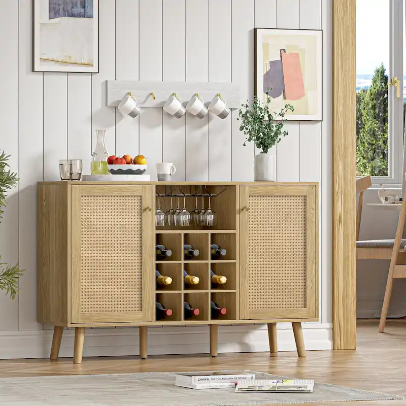Natural Oak Rattan Buffet Sideboard with Wine Rack
