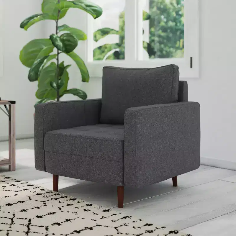 Emma and Oliver Upholstered Mid-Century Modern Pocket Spring Accent Chair with Wooden Legs and Removable Back Pillows