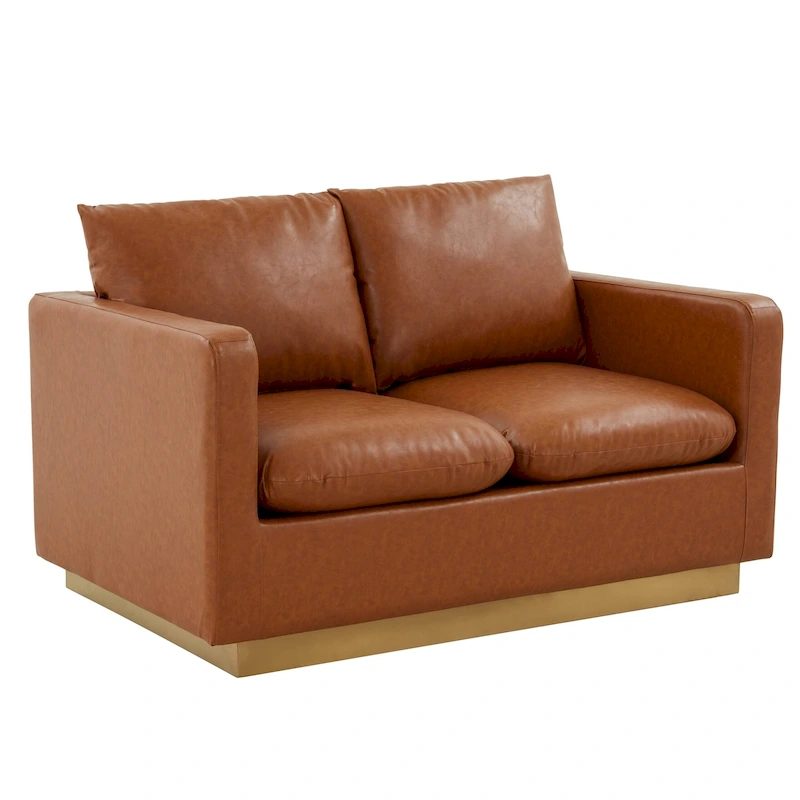 LeisureMod Nervo Modern Leather Loveseat With Gold Base & Cushions - 55.9