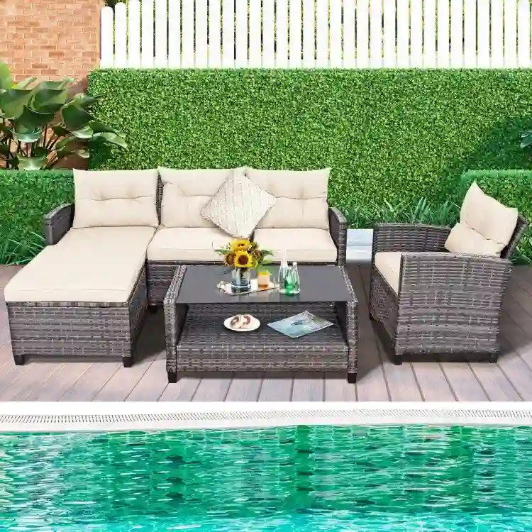 4 Pieces Patio Rattan Furniture Set with Cushion and Table Shelf - 27.5 x 47 x 30 (L x W x H)