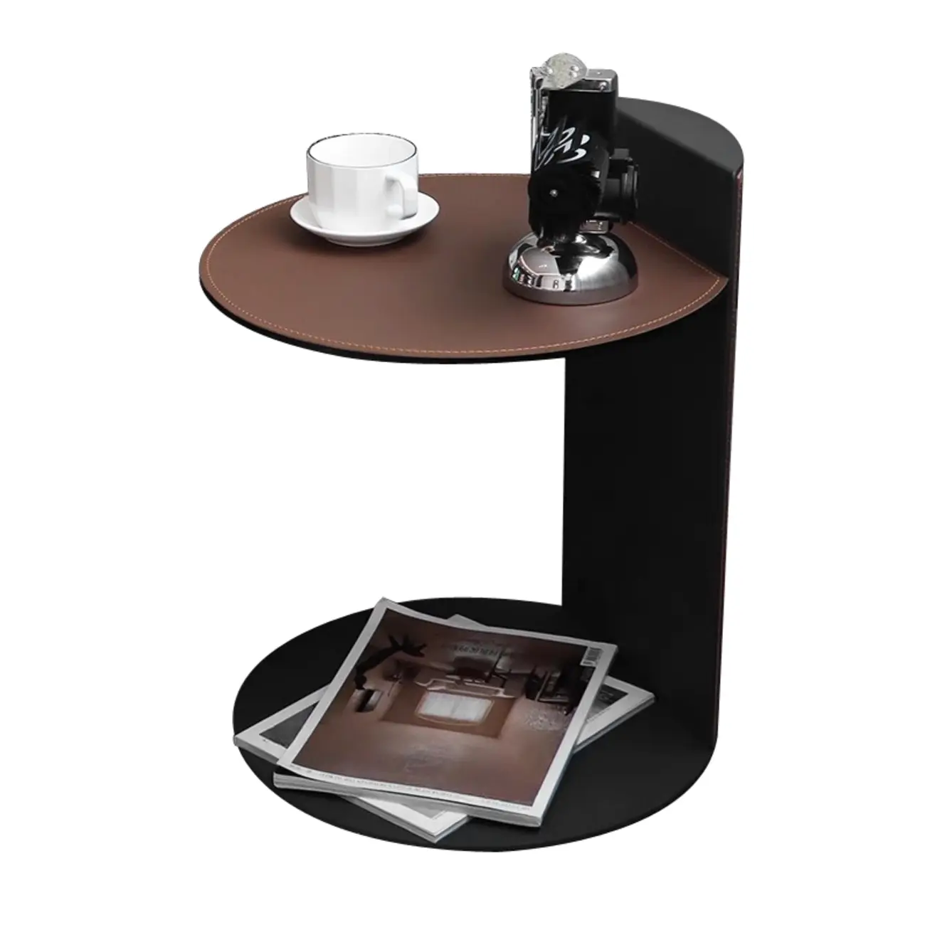 Comtemporary Leather Top C Side Table with Metal Base