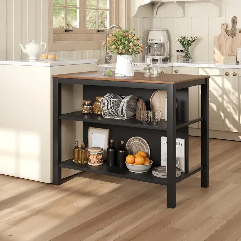 Solid Wood Rustic 45-Inch Fixed Kitchen Island, Rubberwood Butcher Block Dining & Prep Table With Two Open Shelves .